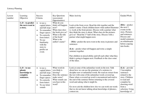 The Tiger who came to Tea - literacy planning