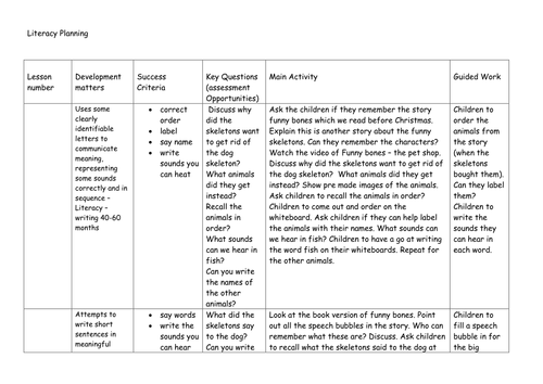 Funnybones the pet shop Literacy planning