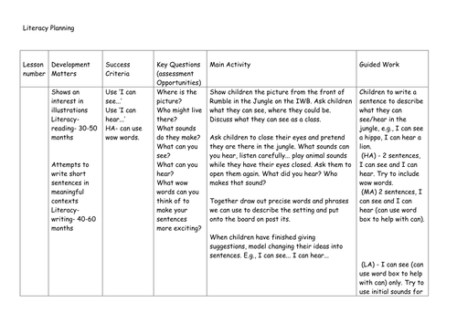 Rumble in the Jungle Literacy Planning