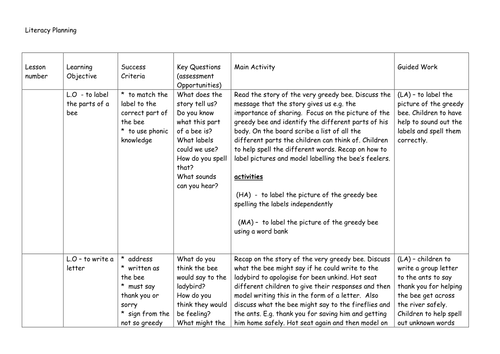 The Very Greedy Bee - Literacy Planning