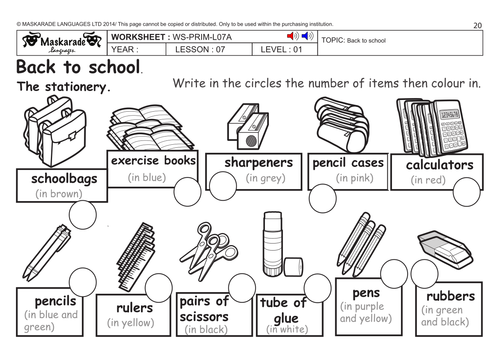 ENGLISH KS2 Level 1: Numbers 11 to 20/ School stationery