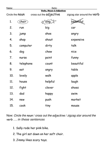 Nouns Verbs Adjectives Worksheet Ks1