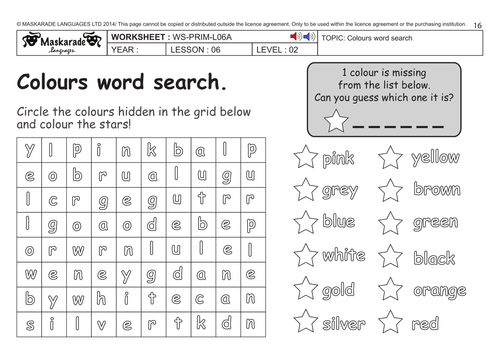 ENGLISH KS2 Level 2: Colours search word