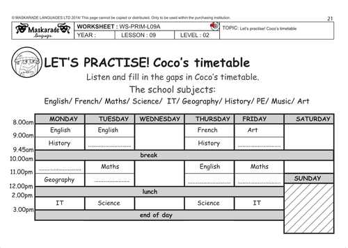ENGLISH KS2 Level 2: Coco's timetable/ Weather forecast for the week