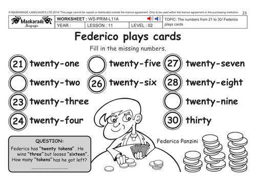 ENGLISH KS2 Level 2: Numbers 21 to 30/ Federico plays cards