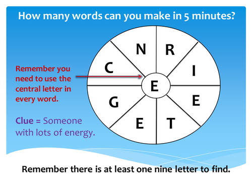 English - Word Wheels Warm Up Game 9 Letters