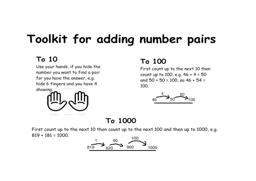 Number pairs to 10, 100 and 1000