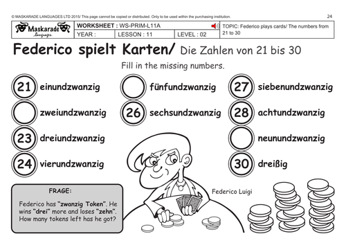 GERMAN KS2 Level 2: Numbers 21 to 30/ Federico plays cards