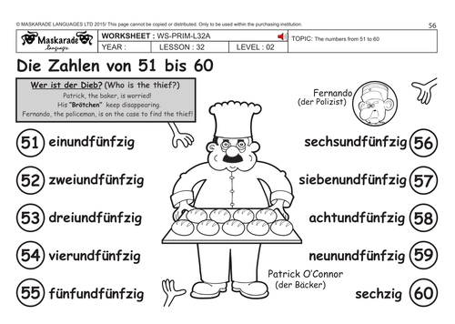 GERMAN KS2 Level 2: Numbers 51 to 60/ Who is the thief?