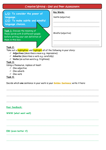 Creative Writing AfL Worksheet for Self and Peer Assessment 