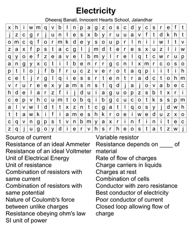 Electricity - Resistance & Power Word Search