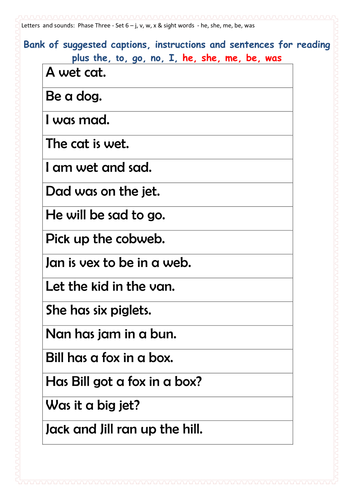 Phase Three:  Letters and Sounds Sets 1 to 6-7 PowerPoint Presentations, Worksheet/Reading tasks