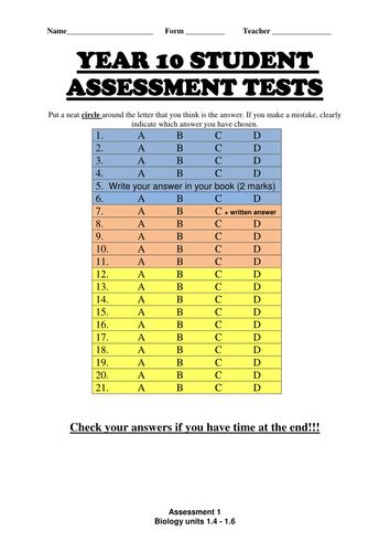 AQA B1 multiple choice assessment