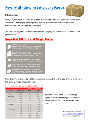 Functional Maths Activity (L1 - L2) - Royal Mail - Sending Letters and Parcels (and GCSE)