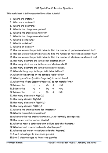 100 Quick Fire C1 Revision Questions. AQA GCSE Chemistry or Core