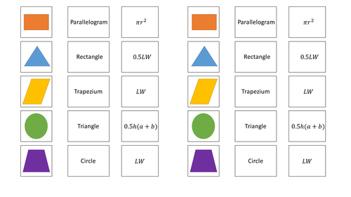 Match up activity - area of a range of different shapes