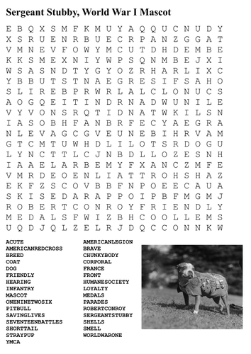 Sergeant Stubby, World War One Mascot Word Search