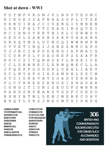 Shot at dawn Word Search - World War One