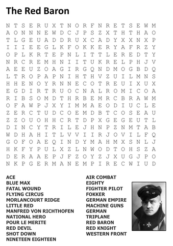 The red baron word search teaching resources