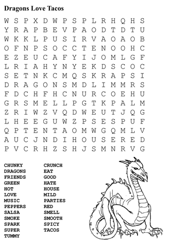 Dragons Love Tacos Word Search and Color 