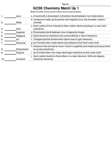 GCSE Chemistry Bumper Match Up Pack. 10 Match Up included with Solutions AQA Edexcel OCR