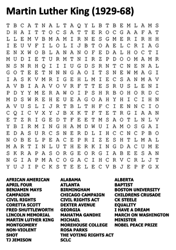 martin luther king jnr word search by sfy773 teaching