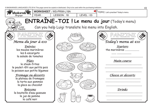 french ks2 level 3 ks3 year 7 todays menu teaching resources