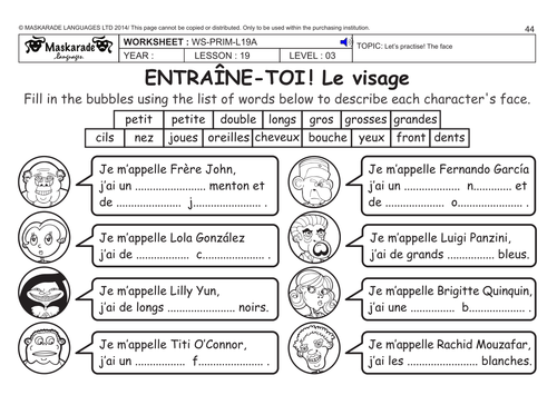 FRENCH KS2 Level 3 - KS3 (Year 7): Describing the face/ Role-play