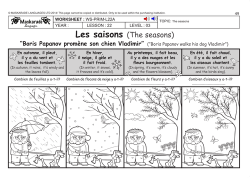 FRENCH KS2 Level 3 - KS3 (Year 7): The seasons/ Writing a cheque/ Easter