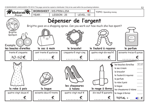 FRENCH KS2 Level 3- KS3 (Year 7): Shopping - MP3 Song