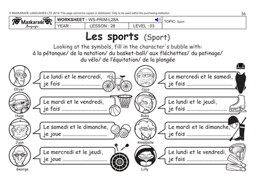 FRENCH KS2 -Level 3 - KS3 (Year 7): Free time : Sports