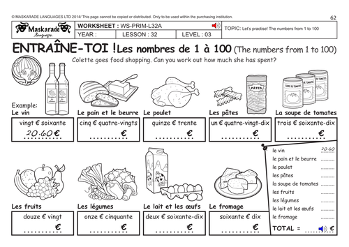 FRENCH KS2 -Level 3 - KS3 (Year 7): Numbers  1 -100/ Food shopping