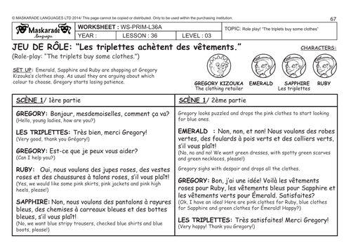 FRENCH KS2 Level 3 - KS3 (Year 7): Role-play: The triplets buys some clothes