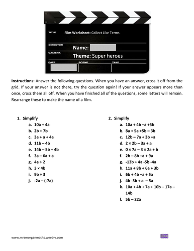 Film worksheet: collecting like terms