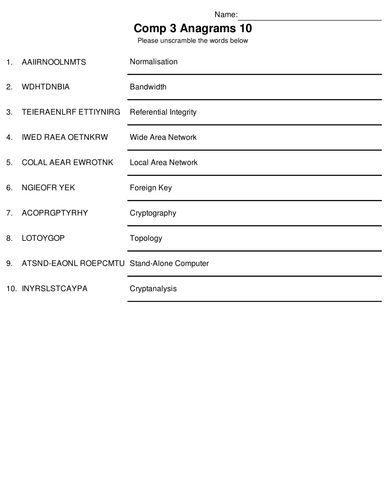 A Level Computing Bumper Fun Anagram Megapack. 9 Sets of 10 Included (with answers)