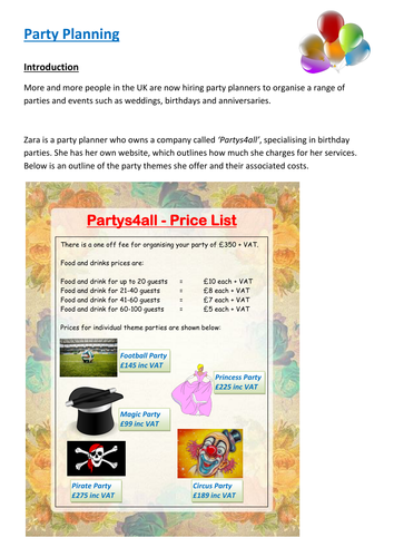 Functional Maths Activity - Party Planning (E3 - L1)