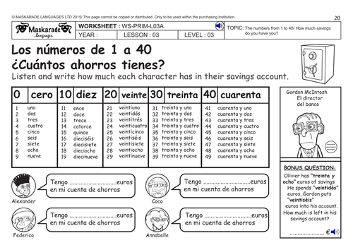 SPANISH KS2 Level 3 - KS3 (Year 7): Numbers 0-40/My savings account/ Who are they?