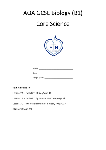AQA Core B1 Workbook Part 7 Evolution