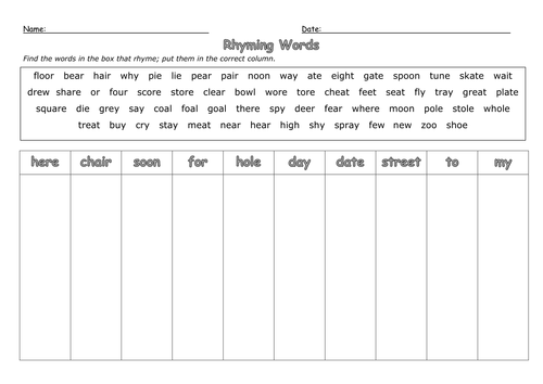 Rhyming Words Sorting  (Tricky Words) 