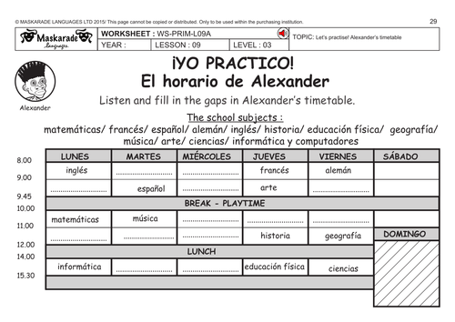 SPANISH KS2 Level 3 - KS3 (Year 7): Timetable/ School subjects/ Weather forecast for the week