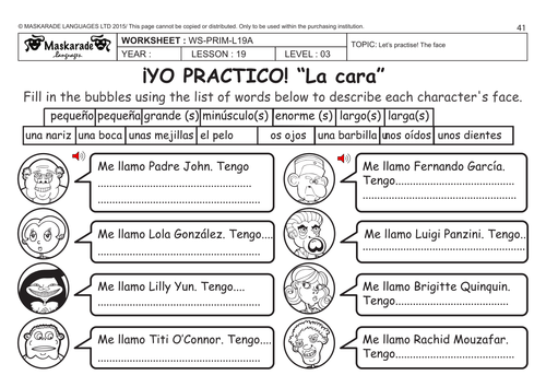 SPANISH KS2 Level 3- KS3 (Year 7): Describing the face/ Role-play: I have toothache