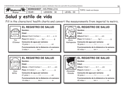 SPANISH KS2 Level 3 - KS3 (Year 7): Health charts/ Personal information
