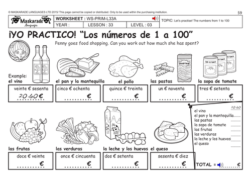 SPANISH KS2 Level 3 - KS3 (Year 7): Practising numbers from 1 to 100/ Food shopping
