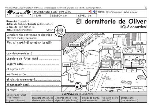SPANISH KS2 Level 3 - KS3 (Year 7): Oliver's bedroom/ Role-play: Penny cleans her house