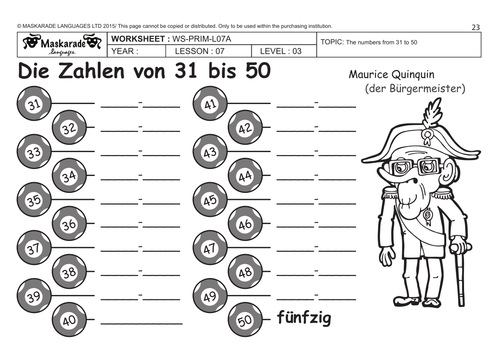 GERMAN KS2 Level 3 - KS3 (Year 7): Practising numbers 1 -50/ Maurice plays lottery