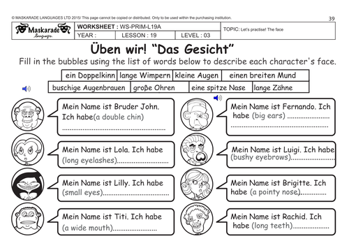 GERMAN KS2 Level 3 -KS3 (Year 7): Describing the face/ Role-play: I have toothache