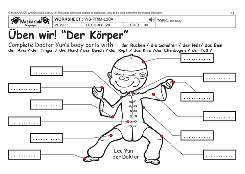 GERMAN KS2 Level 3 - KS3 (Year 7):  Describing the body/ Short story: I'm not feeling well