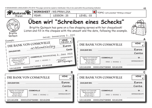 GERMAN KS2 Level 3 - KS3 (Year 7): Shopping/ Writing a cheque