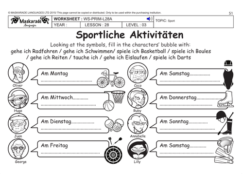 GERMAN KS2 Level 3 - KS3 (Year 7): Free time/ Sport activities