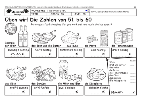 GERMAN KS2 Level 3 - KS3 (Year 7): Practising numbers/ Food shopping